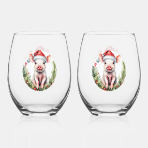 Adorable Christmas Piglet illustration featuring Stemless Wine Glass