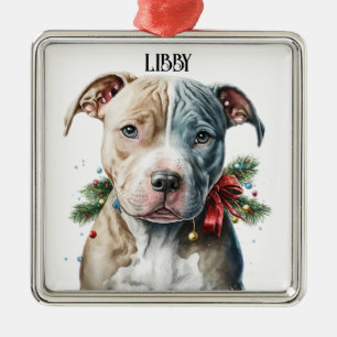 ADORABLE CHRISTMAS PIT BULL TERRIER DOG FACE METAL TREE DECORATION