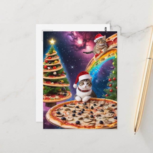 Adorable Christmas Pizza Cats Postcard (Front/Back In Situ)