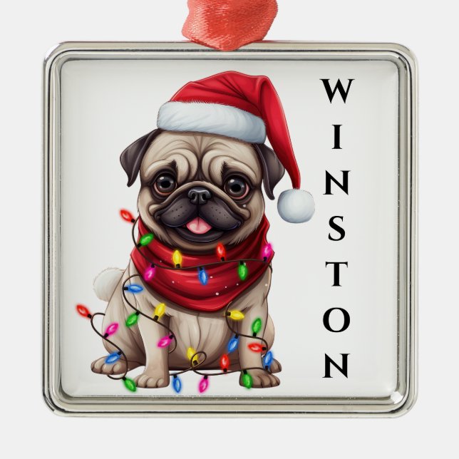 ADORABLE CHRISTMAS PUG DOG WITH LIGHTS METAL TREE DECORATION (Front)