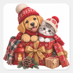 Adorable Christmas Puppy Kitten Gift Square Sticker