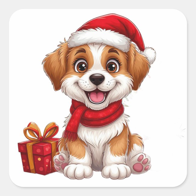 Adorable Christmas puppy With Santa Hat Square Sticker (Front)