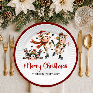 Adorable Christmas quirky cow cartoon christmas pa Paper Plate
