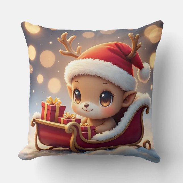   "Adorable Christmas Reindeer Sleigh Pillow Desig (Front)