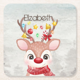 Adorable Christmas Reindeer Square Paper Coaster