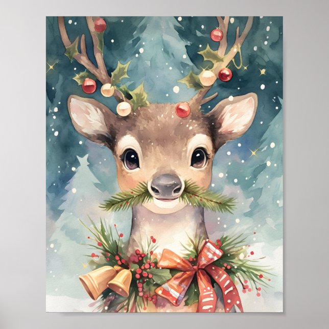 Adorable Christmas Reindeer Watercolor Wall Decor (Front)