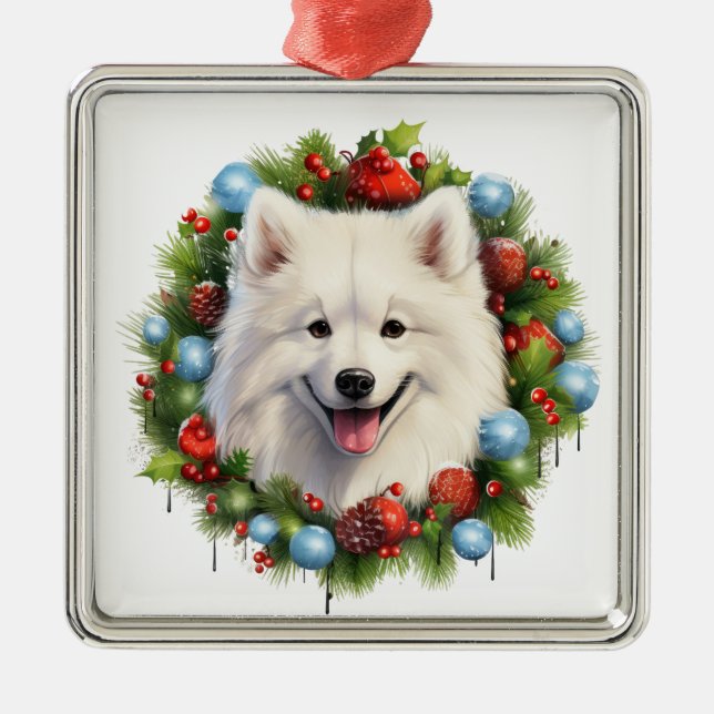ADORABLE CHRISTMAS SAMOYED DOG WREATH METAL TREE DECORATION (Front)