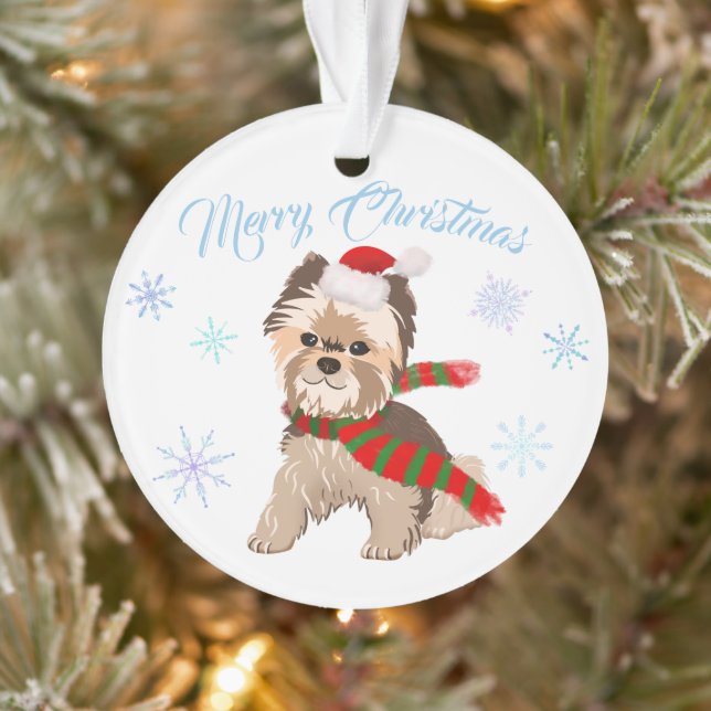 Adorable Christmas Yorkie In Santa Hat Snowflakes  Ornament (Tree)