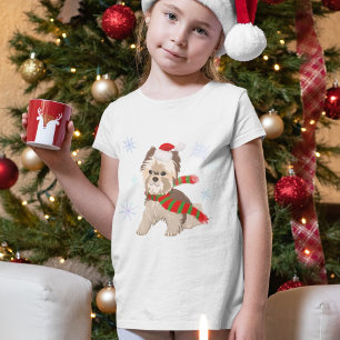 Adorable Christmas Yorkie In Santa Hat Snowflakes  T-Shirt