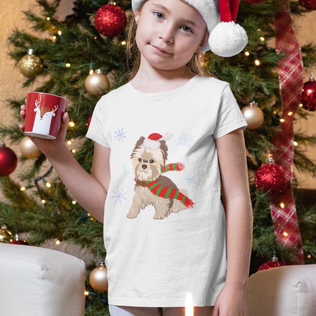 Adorable Christmas Yorkie In Santa Hat Snowflakes  T-Shirt (Creator Uploaded)