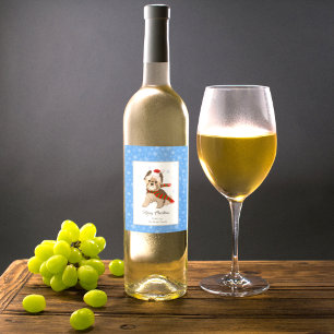 Adorable Christmas Yorkie In Santa Hat Snowflakes  Wine Label