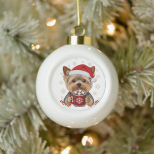 Adorable Christmas Yorkshire Terrier Ceramic Ball Christmas Ornament