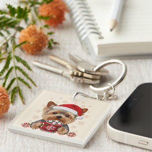 Adorable Christmas Yorkshire Terrier Key Ring