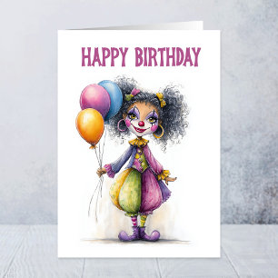Adorable Circus Clown Holding Balloons Birthday Card