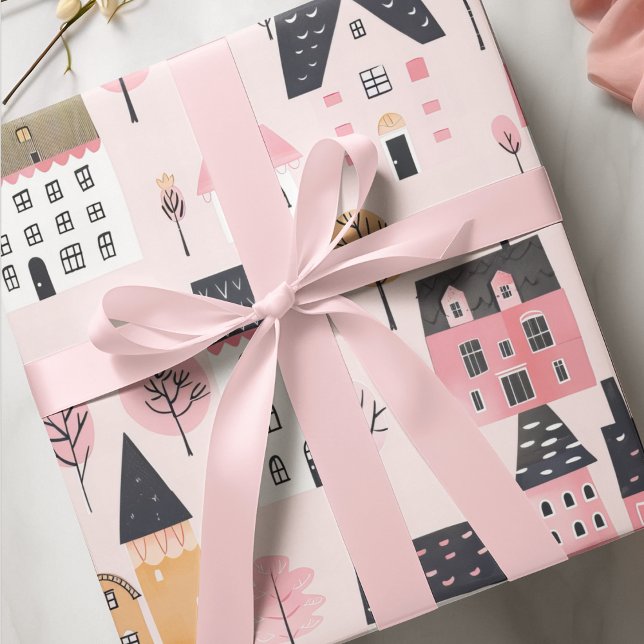 Adorable City Houses Pink  Wrapping Paper (Creator Uploaded)