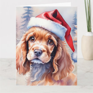 Adorable Cocker Spaniel in a Santa Hat Watercolor Card