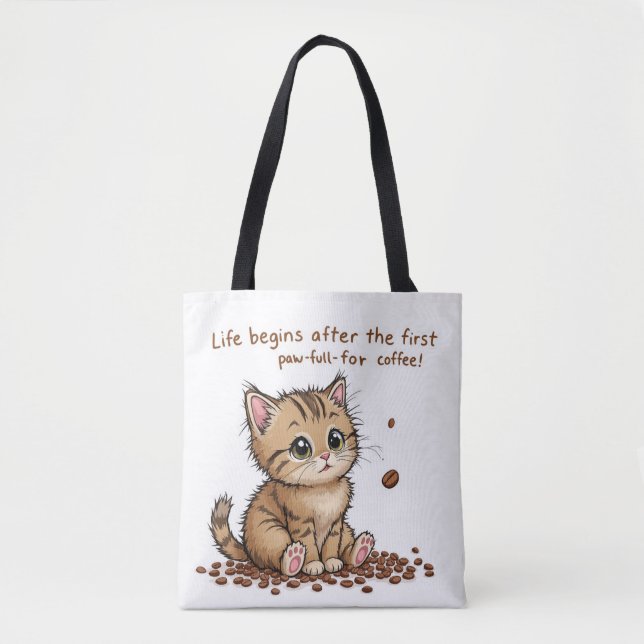 Adorable Coffee-Loving Kitten Tote Bag (Front)
