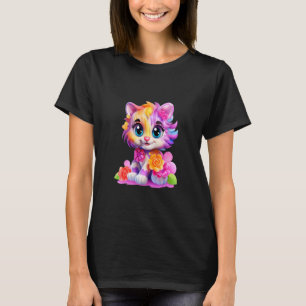 Adorable Colourful Cat with Flowers Big Eyes Kawai T-Shirt