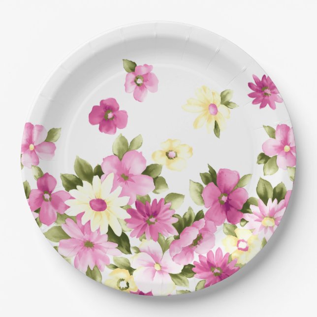 Adorable Colourful Girly Blooming Flowers Paper Plate (Front)