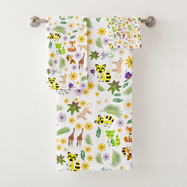 Adorable colourful safari pattern baby animals cut bath towel set (Insitu)
