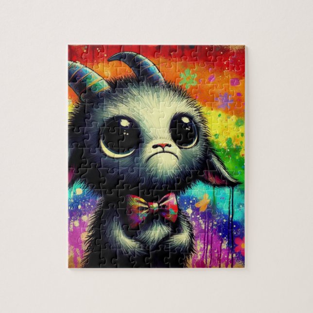Adorable Colourful Watercolor Grumpy Goat Jigsaw Puzzle (Vertical)