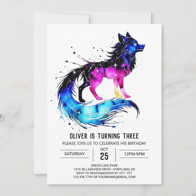 Adorable Colourful Wolf Digital Boy Birthday Invitation (Front)