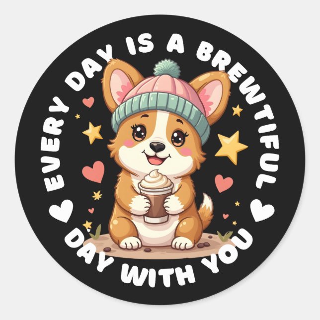 Adorable Corgi Coffee Lover Classic Round Sticker (Front)