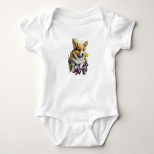 Adorable Corgi Puppy Dog with Flowers Baby Bodysuit
