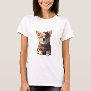Adorable Corgi Puppy Wearing a Brown Beret T-Shirt