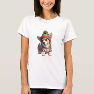 Adorable Corgi Puppy Wearing Colourful Knit Hat T-Shirt
