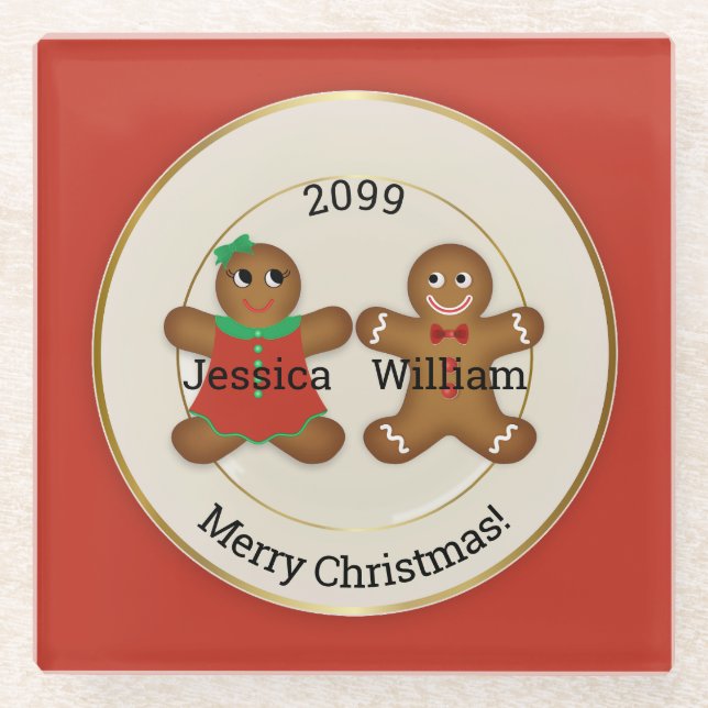 Adorable Couple Gingerbread Ornament w Year Glass Coaster (Front)
