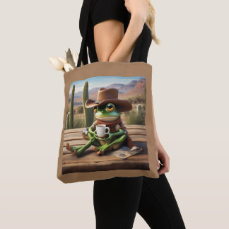 Adorable Cowboy Frog Enjoying Coffee Tote Bag