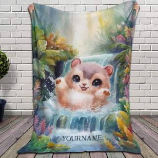 Adorable Creature Splashing in Magical Waterfall Fleece Blanket