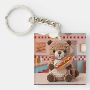 Adorable Crocheted Beaver in Diner Glass Hotdog Key Ring