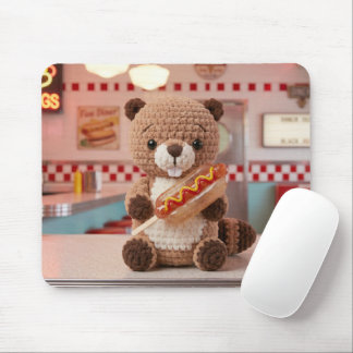 Adorable Crocheted Beaver in Diner Glass Hotdog Mouse Pad