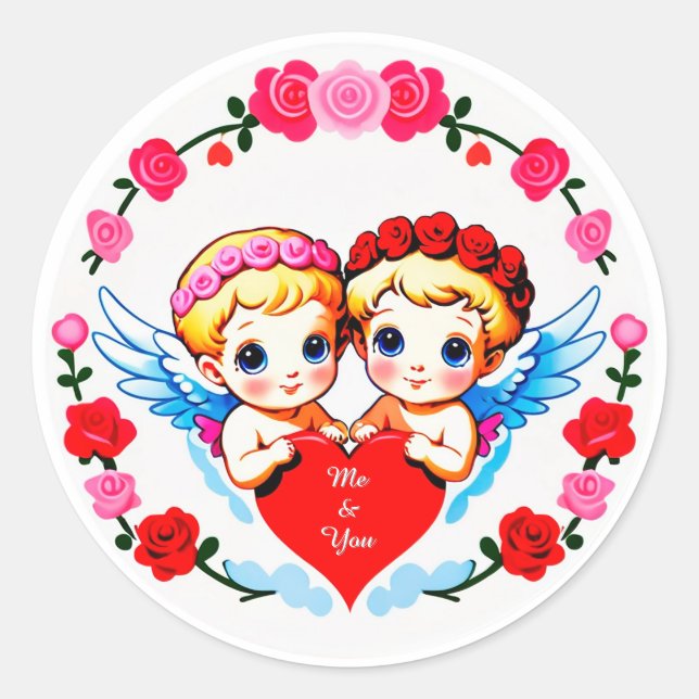 Adorable Cupid Angels Holding Heart Classic Round Sticker (Front)