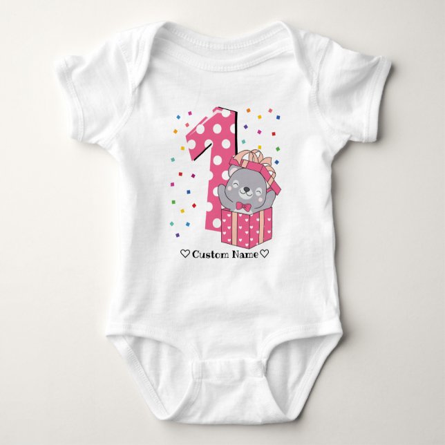 Adorable custom name bear 1st birthday baby bodysuit (Front)