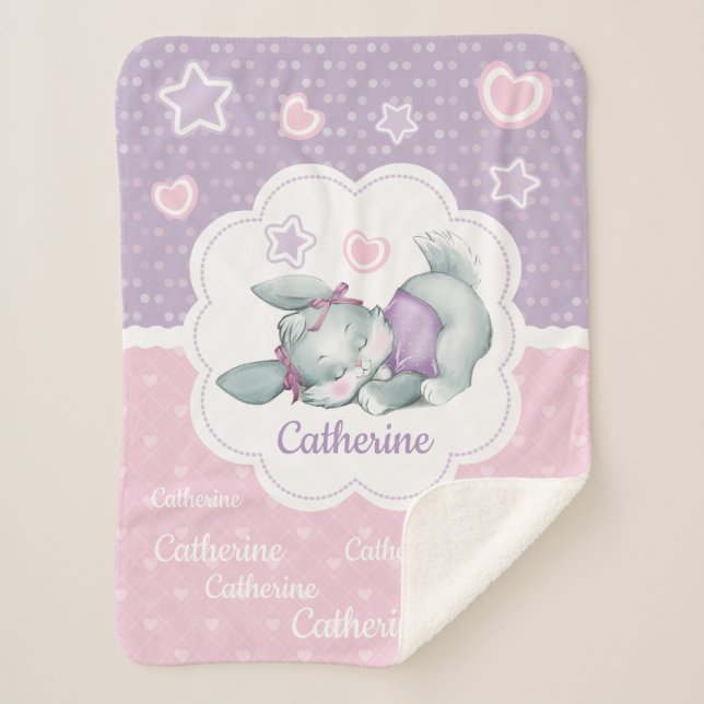 Adorable Custom name Sleeping Bunny Sherpa Blanket (Front)