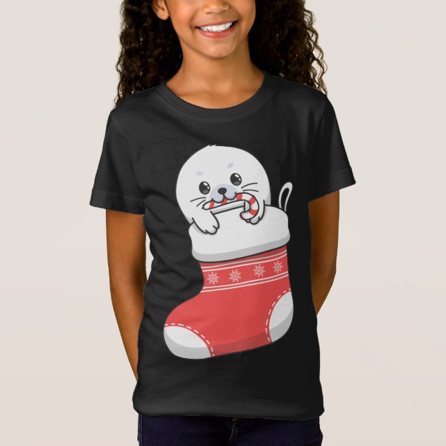 Adorable cute baby harp seal pup in Christmas stoc T-Shirt (Front)
