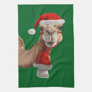 Adorable Cute Camel Wearing Santa Hat Christmas v3 Tea Towel