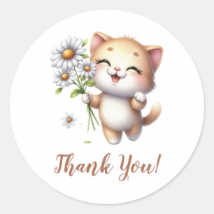 Adorable Cute Cat with Sunflowers Classic Round Sticker