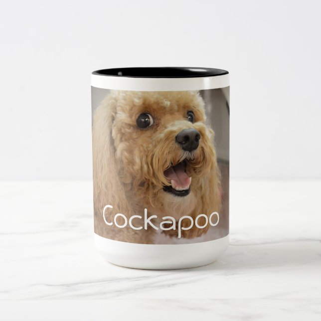 Adorable Cute Cockapoo Dog Animal Family Photo Two-Tone Coffee Mug (Center)