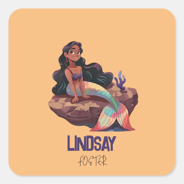 Adorable Cute Elegant Mermaid with Kids Name Square Sticker (Front)