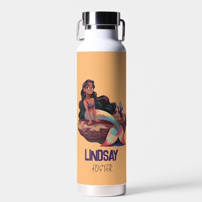 Adorable Cute Elegant Mermaid with Kids Name Water Bottle (Front)
