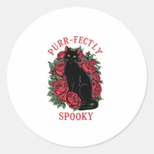 Adorable Cute Floral Black Cat Purrfectly Spooky H Classic Round Sticker