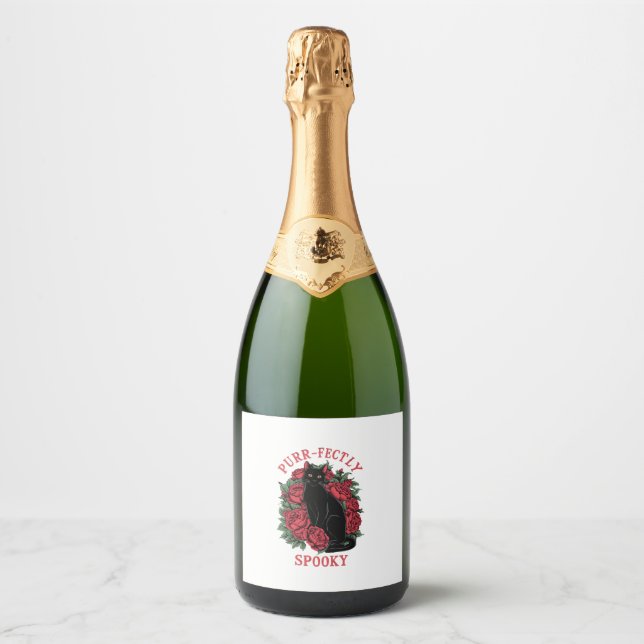 Adorable Cute Floral Black Cat Purrfectly Spooky H Sparkling Wine Label (Front)