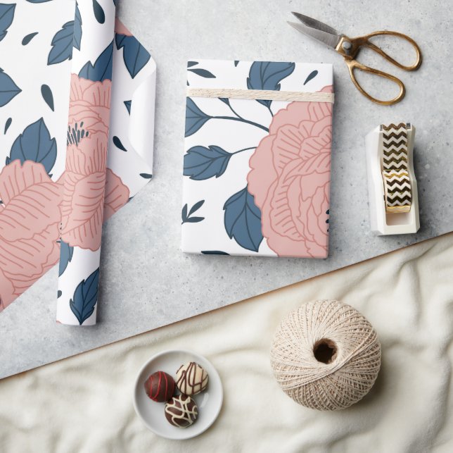 Adorable cute floral l Pink and navy Bridal shower Wrapping Paper (Crafts)