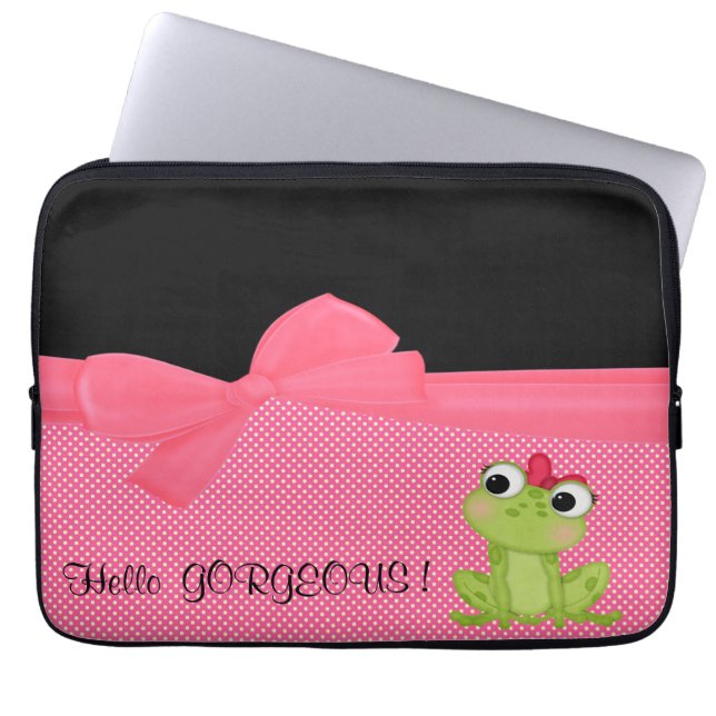 Adorable Cute Frog on Polka Dots-Hello Gorgeous Laptop Sleeve (Front)