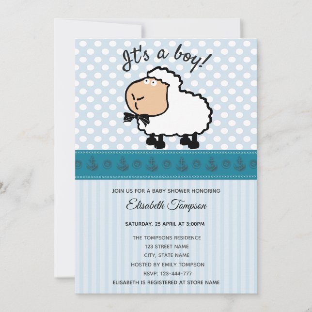 Adorable cute funny cartoon sheep boy baby shower invitation (Front)