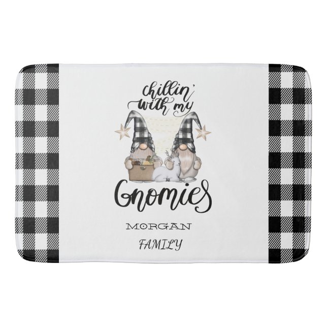 Adorable Cute Gnomes Black Buffalo Plaid Bath Mat (Front)